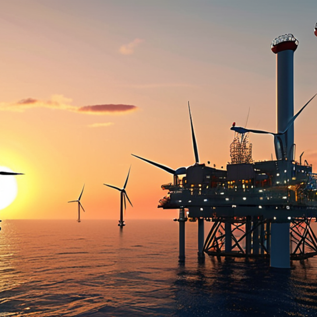 Futuristic offshore platform at sunset, wind turbines in the background, symbolizing sustainable energy, realistic rendering.
