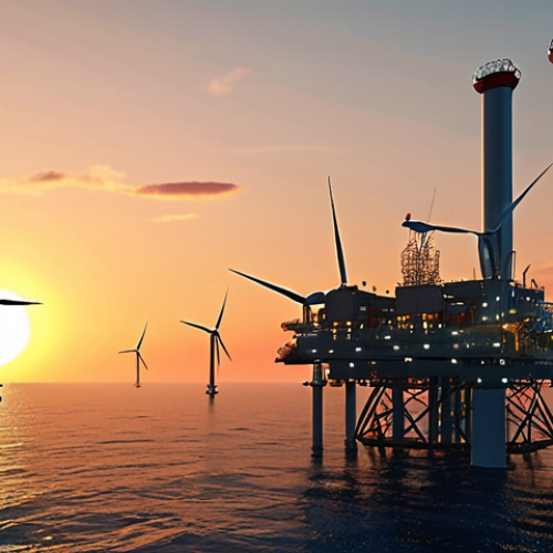 Home 15 Futuristic offshore platform at sunset, wind turbines in the background, symbolizing sustainable energy, realistic rendering.