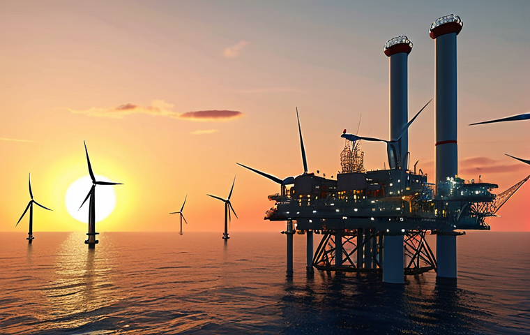 Futuristic offshore platform at sunset, wind turbines in the background, symbolizing sustainable energy, realistic rendering.