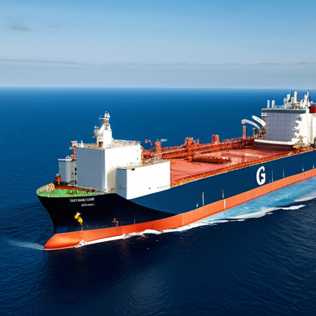 A magnificent, state-of-the-art Floating Liquefied Natural Gas (FLNG) vessel, a massive industrial facility operating on a vast, calm deep blue ocean under a clear sky. The vessel is designed with sleek, modern lines and advanced technological features, processing natural gas extracted from the deep sea. The scene emphasizes innovation, scale, and environmental responsibility, with the FLNG vessel appearing as a symbol of modern energy solutions. Professional photography, high detail, volumetric lighting, wide shot, safe for work, appropriate content, fully clothed, professional, family-friendly.