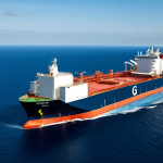 A magnificent, state-of-the-art Floating Liquefied Natural Gas (FLNG) vessel, a massive industrial facility operating on a vast, calm deep blue ocean under a clear sky. The vessel is designed with sleek, modern lines and advanced technological features, processing natural gas extracted from the deep sea. The scene emphasizes innovation, scale, and environmental responsibility, with the FLNG vessel appearing as a symbol of modern energy solutions. Professional photography, high detail, volumetric lighting, wide shot, safe for work, appropriate content, fully clothed, professional, family-friendly.