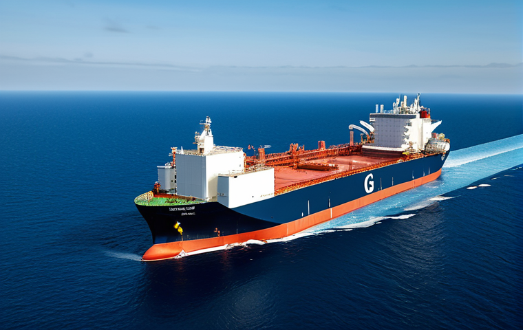 A magnificent, state-of-the-art Floating Liquefied Natural Gas (FLNG) vessel, a massive industrial facility operating on a vast, calm deep blue ocean under a clear sky. The vessel is designed with sleek, modern lines and advanced technological features, processing natural gas extracted from the deep sea. The scene emphasizes innovation, scale, and environmental responsibility, with the FLNG vessel appearing as a symbol of modern energy solutions. Professional photography, high detail, volumetric lighting, wide shot, safe for work, appropriate content, fully clothed, professional, family-friendly.