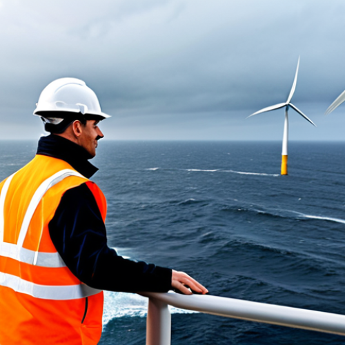 Home 7 A professional marine engineer, fully clothed in appropriate attire and safety gear, standing on the observation deck of a massive offshore wind farm platform. The platform is part of a vast array of towering wind turbines stretching across a dramatic, powerful ocean with large waves under a slightly overcast sky. In the background, distant marine engineering structures are visible. The engineer is observing the resilient structure and advanced, futuristic design of the turbines, conveying a sense of technological marvel and sustainable energy. Professional photography, cinematic lighting, high detail, engineering marvel, sustainability, safe for work, appropriate content, fully clothed, professional dress, modest clothing, family-friendly, perfect anatomy, correct proportions, natural pose, well-formed hands, proper finger count, natural body proportions.