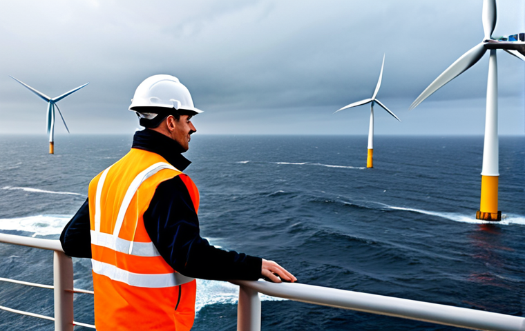 A professional marine engineer, fully clothed in appropriate attire and safety gear, standing on the observation deck of a massive offshore wind farm platform. The platform is part of a vast array of towering wind turbines stretching across a dramatic, powerful ocean with large waves under a slightly overcast sky. In the background, distant marine engineering structures are visible. The engineer is observing the resilient structure and advanced, futuristic design of the turbines, conveying a sense of technological marvel and sustainable energy. Professional photography, cinematic lighting, high detail, engineering marvel, sustainability, safe for work, appropriate content, fully clothed, professional dress, modest clothing, family-friendly, perfect anatomy, correct proportions, natural pose, well-formed hands, proper finger count, natural body proportions.
