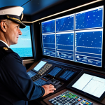 A professional marine officer, fully clothed in a modest, dark blue maritime uniform, stands confidently on the bridge of a modern, high-tech vessel. They are observing a large, illuminated digital radar screen that displays a sophisticated, 3D real-time representation of surrounding vessels, buoys, and dynamic weather patterns with clear, intuitive data. Rain streaks are visible on the exterior windows, hinting at challenging conditions. The officer's hands are well-formed, showing perfect anatomy and correct proportions in a natural pose, suitable for professional photography, high detail, and realistic lighting. safe for work, appropriate content, fully clothed, professional, family-friendly.