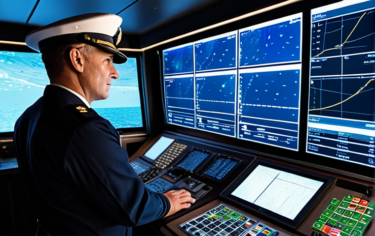 A professional marine officer, fully clothed in a modest, dark blue maritime uniform, stands confidently on the bridge of a modern, high-tech vessel. They are observing a large, illuminated digital radar screen that displays a sophisticated, 3D real-time representation of surrounding vessels, buoys, and dynamic weather patterns with clear, intuitive data. Rain streaks are visible on the exterior windows, hinting at challenging conditions. The officer's hands are well-formed, showing perfect anatomy and correct proportions in a natural pose, suitable for professional photography, high detail, and realistic lighting. safe for work, appropriate content, fully clothed, professional, family-friendly.
